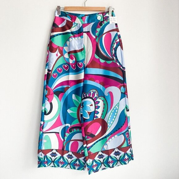 NWT Zara Colourful Psychedellic Print Wide Leg Cropped Satin  PAnts S - Picture 2 of 8